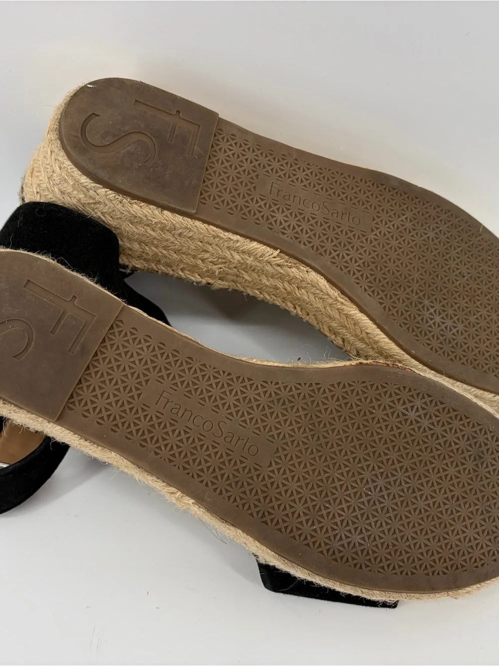 Franco Sarto Pela Platform Sandals, Black Suede, Classic Espadrille Jute Wrapped